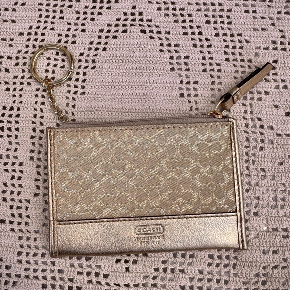 Coach Metallic Gold Signature Card Holder Coin Purse Bag Charm/Keychain EUC - Picture 1 of 4